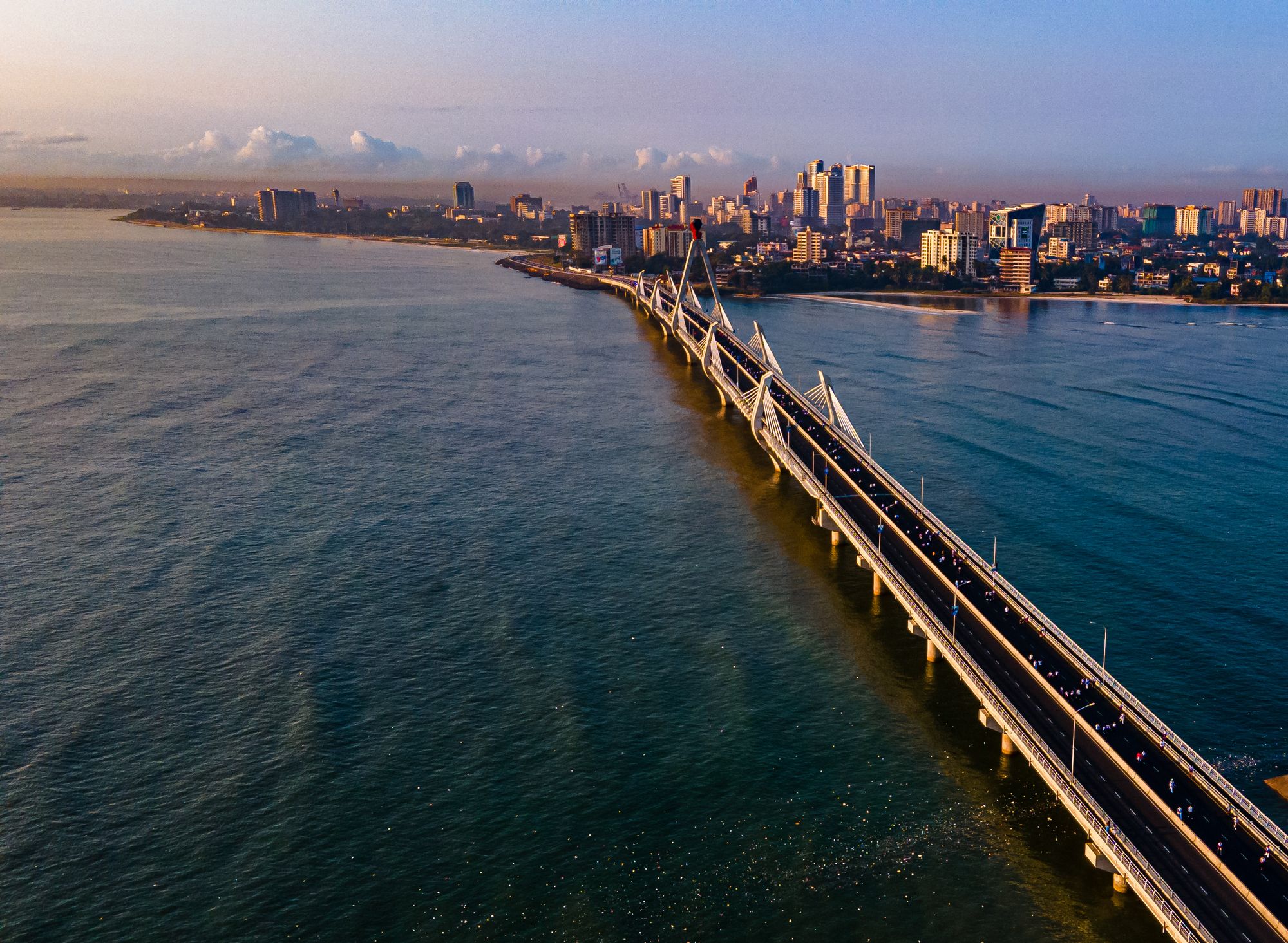 Aerial view of Tanzanite Bridge and the Dar es Salaam skyline